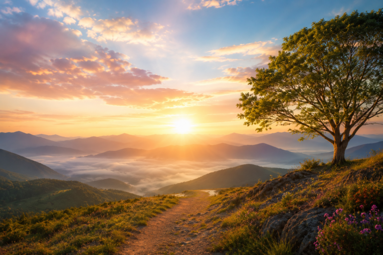 Hopeful silhouette of person facing sunrise over mountains, representing recovery and new beginnings in PTSD treatment