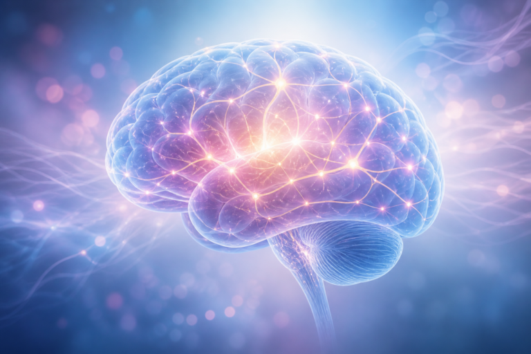 Illustration of a brain with glowing neural pathways and healing light, representing PTSD recovery and neurological research advances