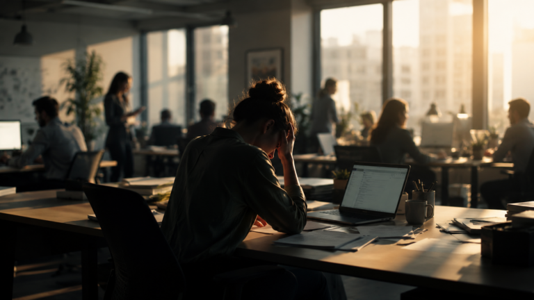Office worker in quiet distress at desk surrounded by colleagues, warm afternoon light, modern workspace symbolising PTSD impact on employment and workplace functioning.