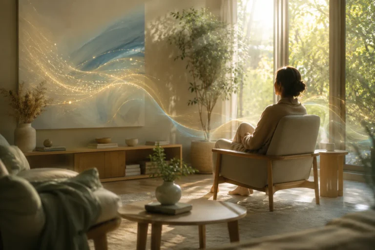 Peaceful therapeutic room with warm natural light, comfortable seating, and calming earth-tone colours suggesting healing and recovery from trauma.