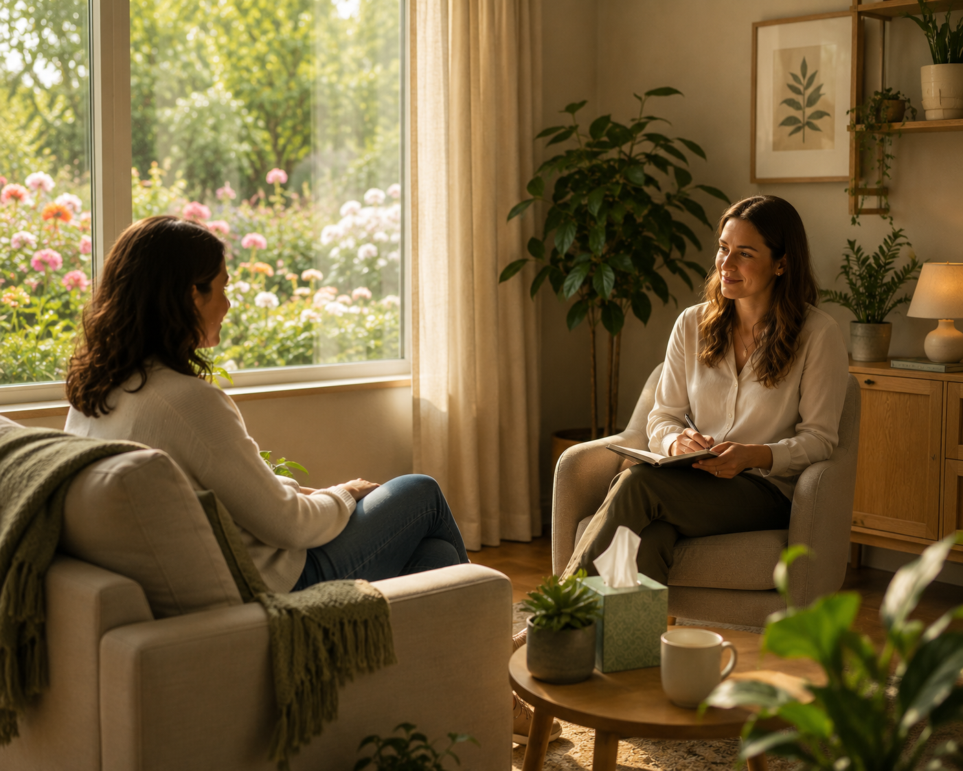 Peaceful therapy room with warm natural light, comfortable seating, and calming décor symbolising safe, supportive PTSD treatment environment and path to recovery.