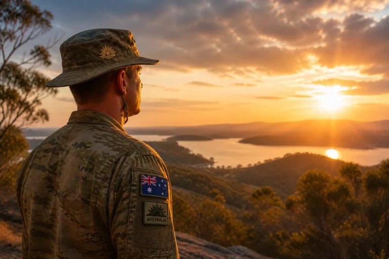 Veteran in military uniform looking toward horizon at sunrise, symbolising hope and recovery from trauma and PTSD