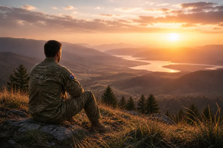 Veteran in uniform seated on hillside overlooking peaceful landscape at sunrise, symbolising recovery and resilience from PTSD trauma