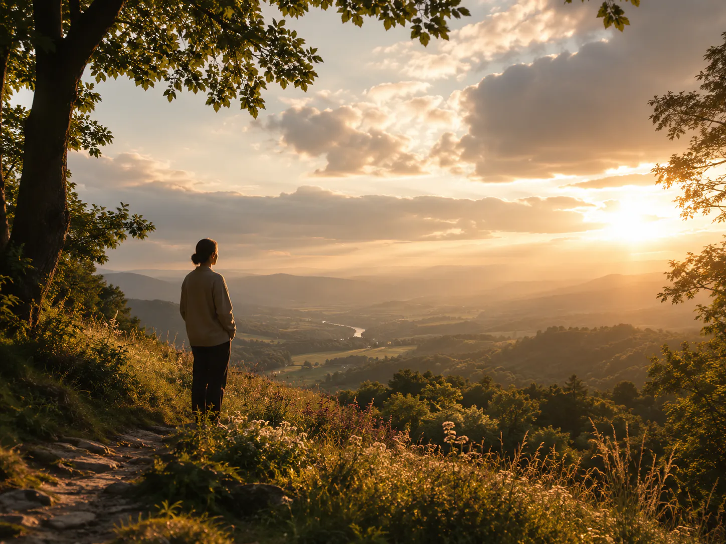 Person standing peacefully on a hillside at sunset, overlooking a calm valley with warm golden light and soft clouds, symbolising hope, recovery, and emotional healing from trauma.